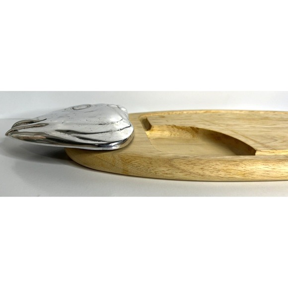 Wood Salmon Fish Shaped Charcuterie Serving Cutting Board Metal Head & Tail 23" - Picture 7 of 11